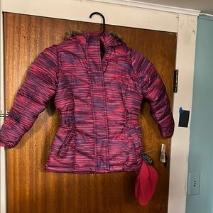 KIDS- NWT Striped Pink and Purple Puffer Jacket- hat, zipper hood,